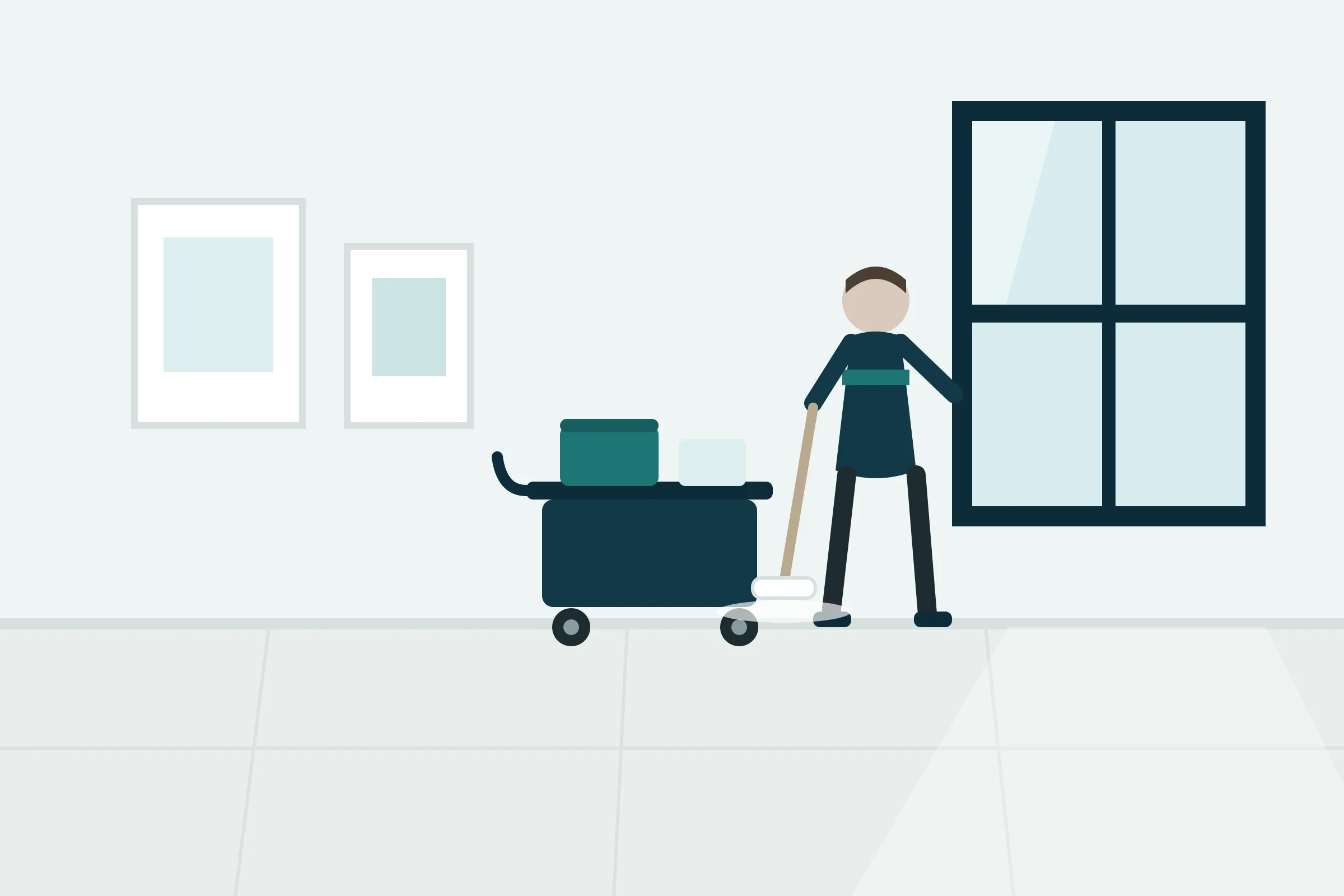 Illustration av ett välskött trapphus med rena ytor och gott om ljus