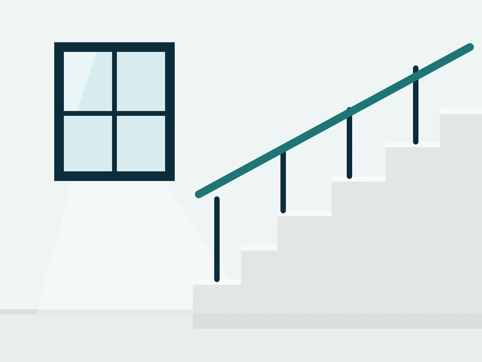 Illustration av ett städat trapphus med räcke i ett flerbostadshus